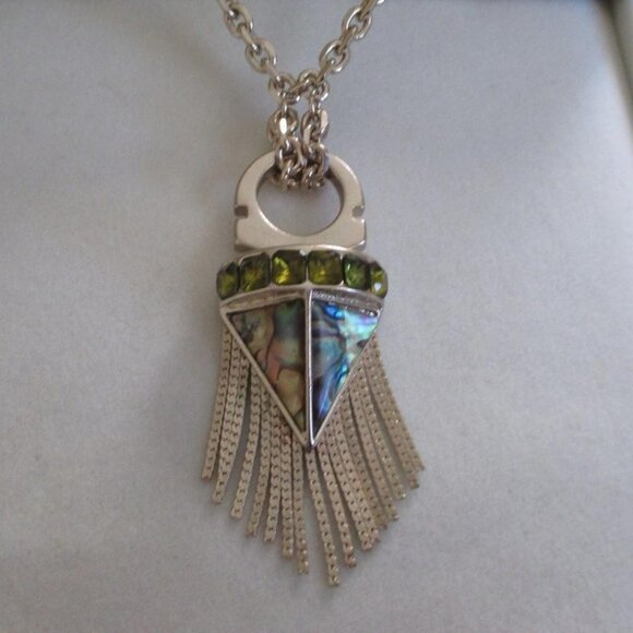 SAM EDELMAN SPEAR SHAPED GREEN RHINESTONES  ABALONE SHELL CHAIN DANGLE PENDANT - Picture 2 of 11